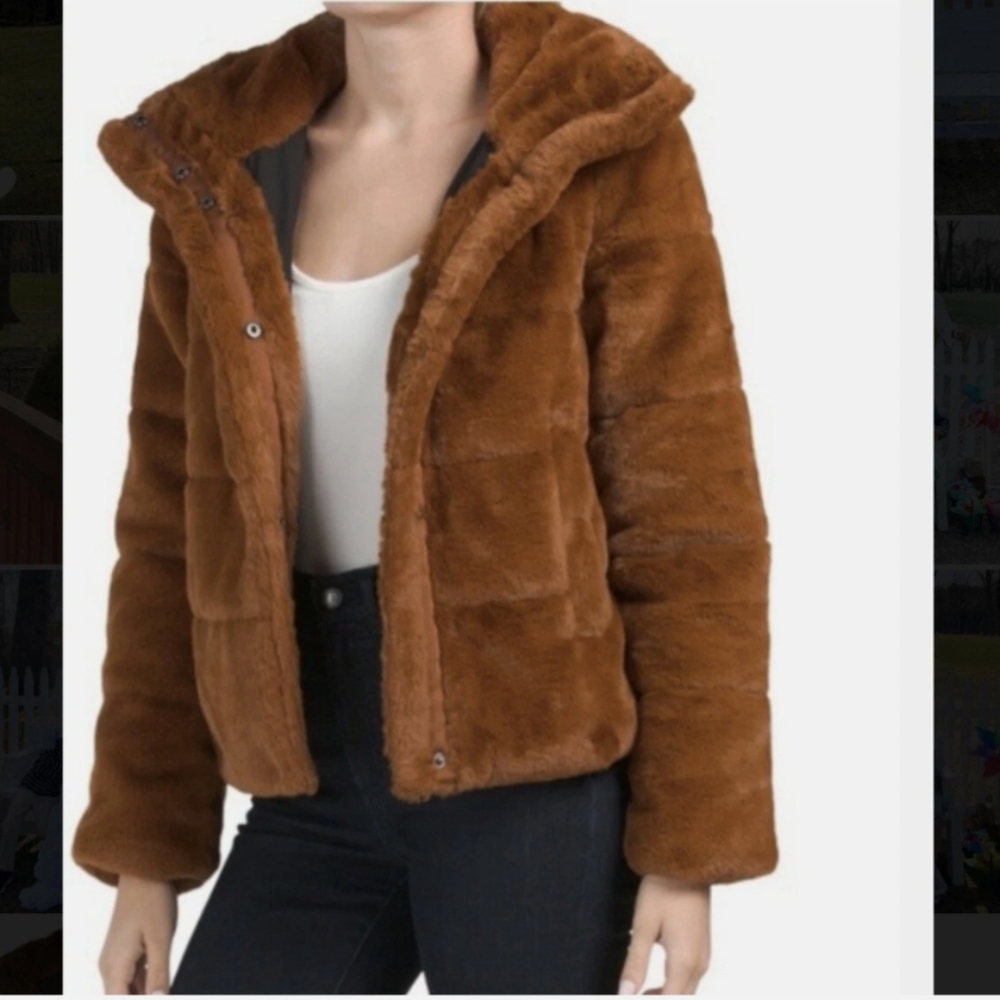 NVLT Cognac Faux Fur Coat Soft Cropped Lined Teddy Puffy Jacket Women’s